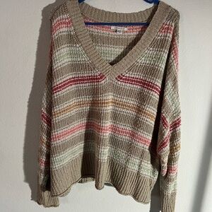 American Eagle Outfitters Brown and Red V-Neck Sweater